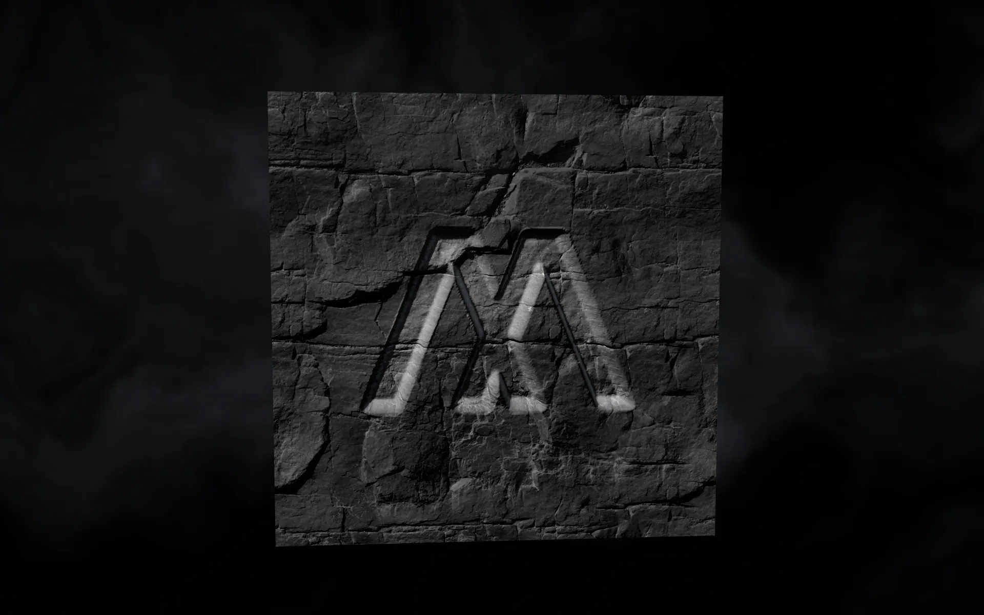The ΛΛ mark carved into a block of dark stone